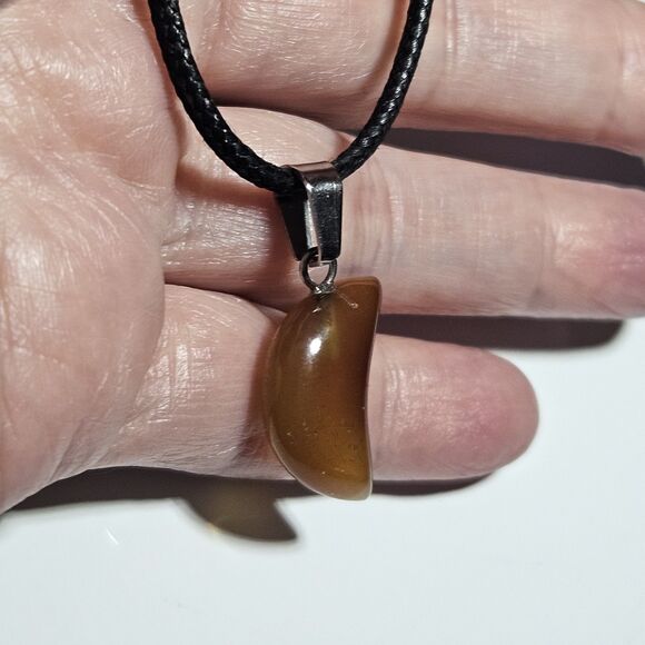 Brown Semiprecious Crescent Moon Pendant Black Cord Necklace 24-26" - Picture 3 of 12